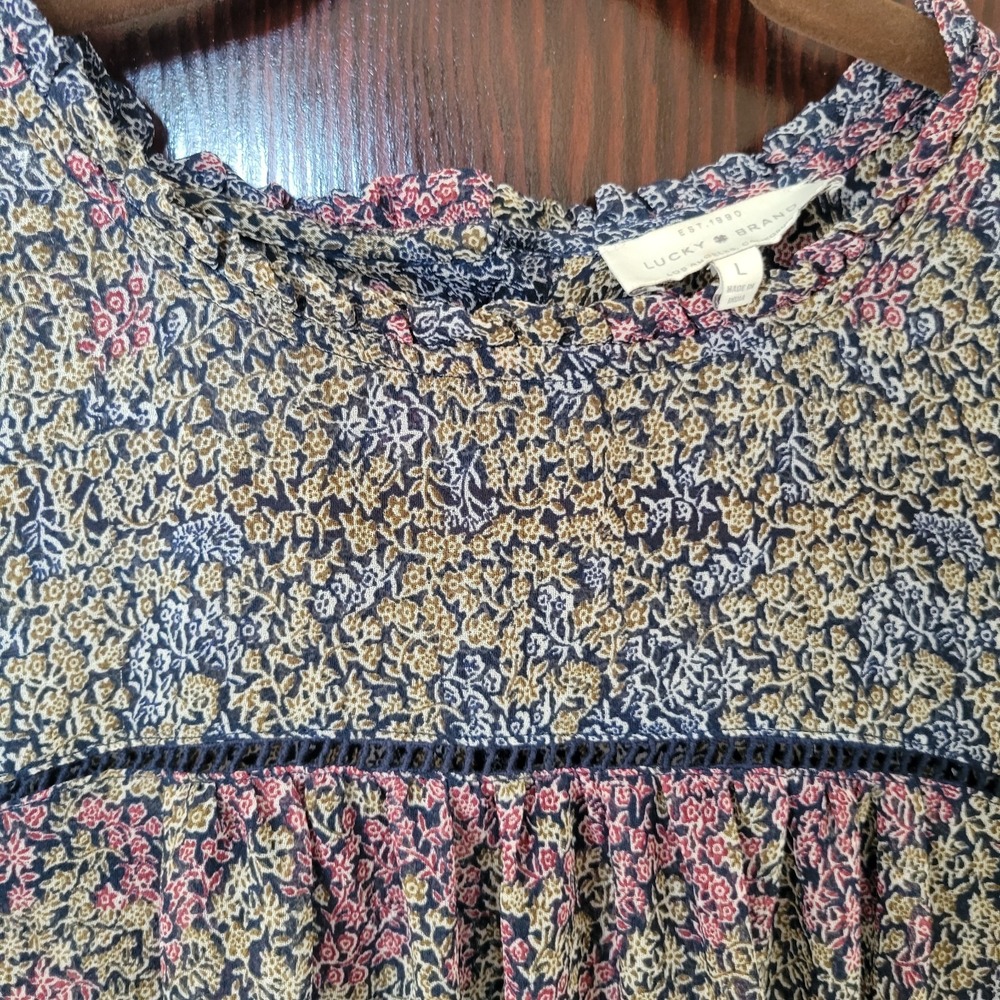 Lucky Brand Boho Sheer Floral Blouse Ruffle Prairie Back Button Romantic Sz L - Picture 3 of 10
